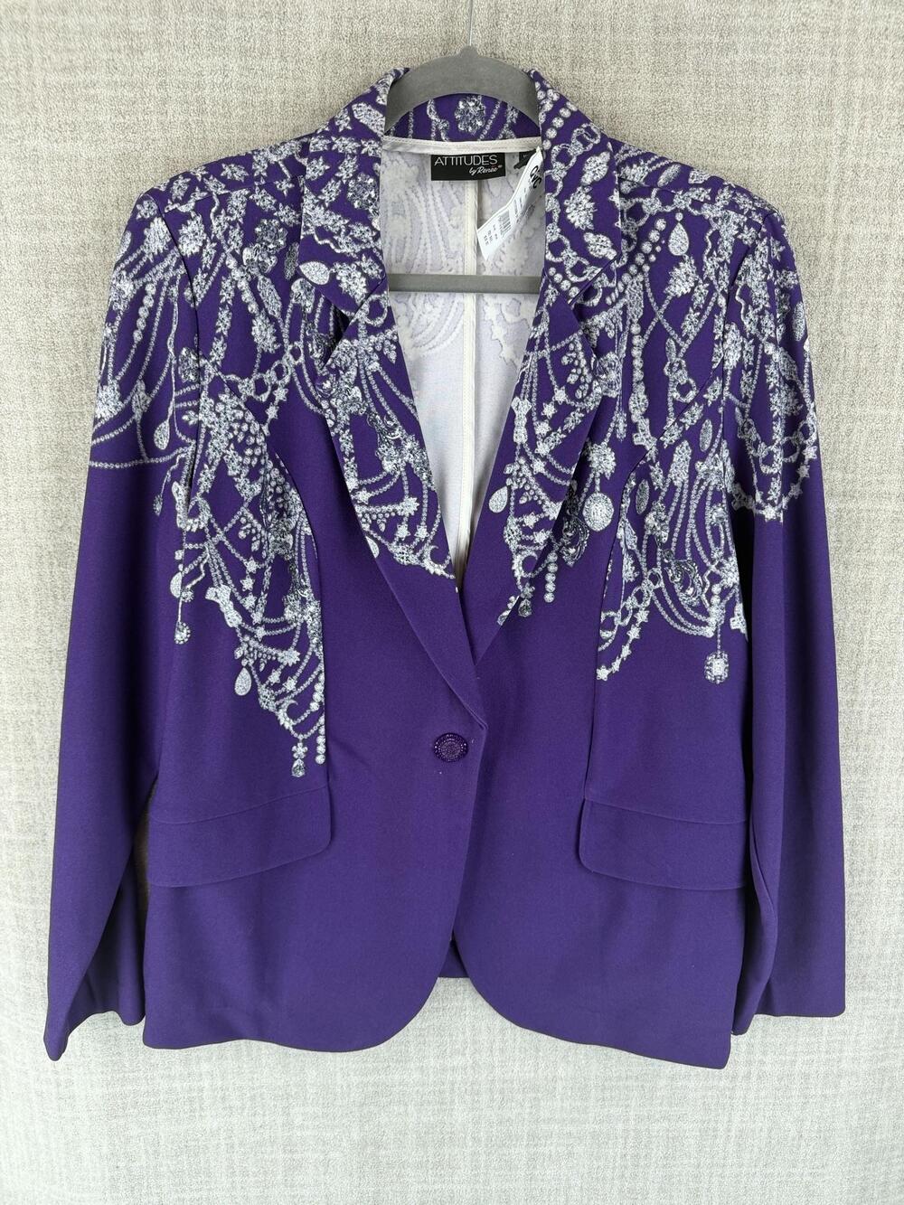 ATTITUDES By Renee Blazer Womens L Purple Collared Lined Embroidered Pockets
